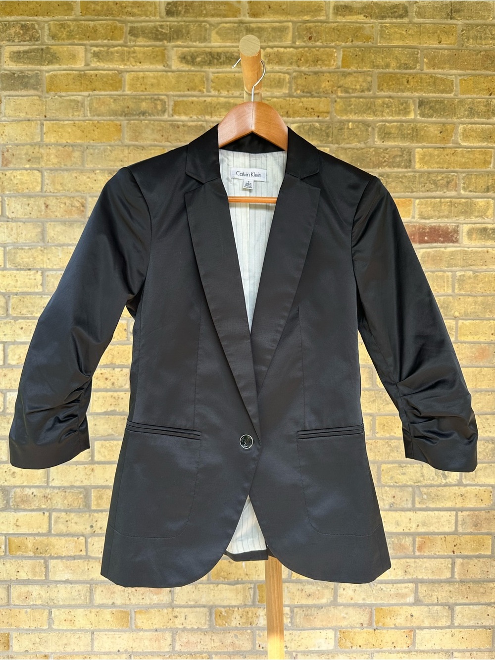 Calvin Klein Navy Blue Single Button Ruched Sleeve Blazer Office Siren Size 6